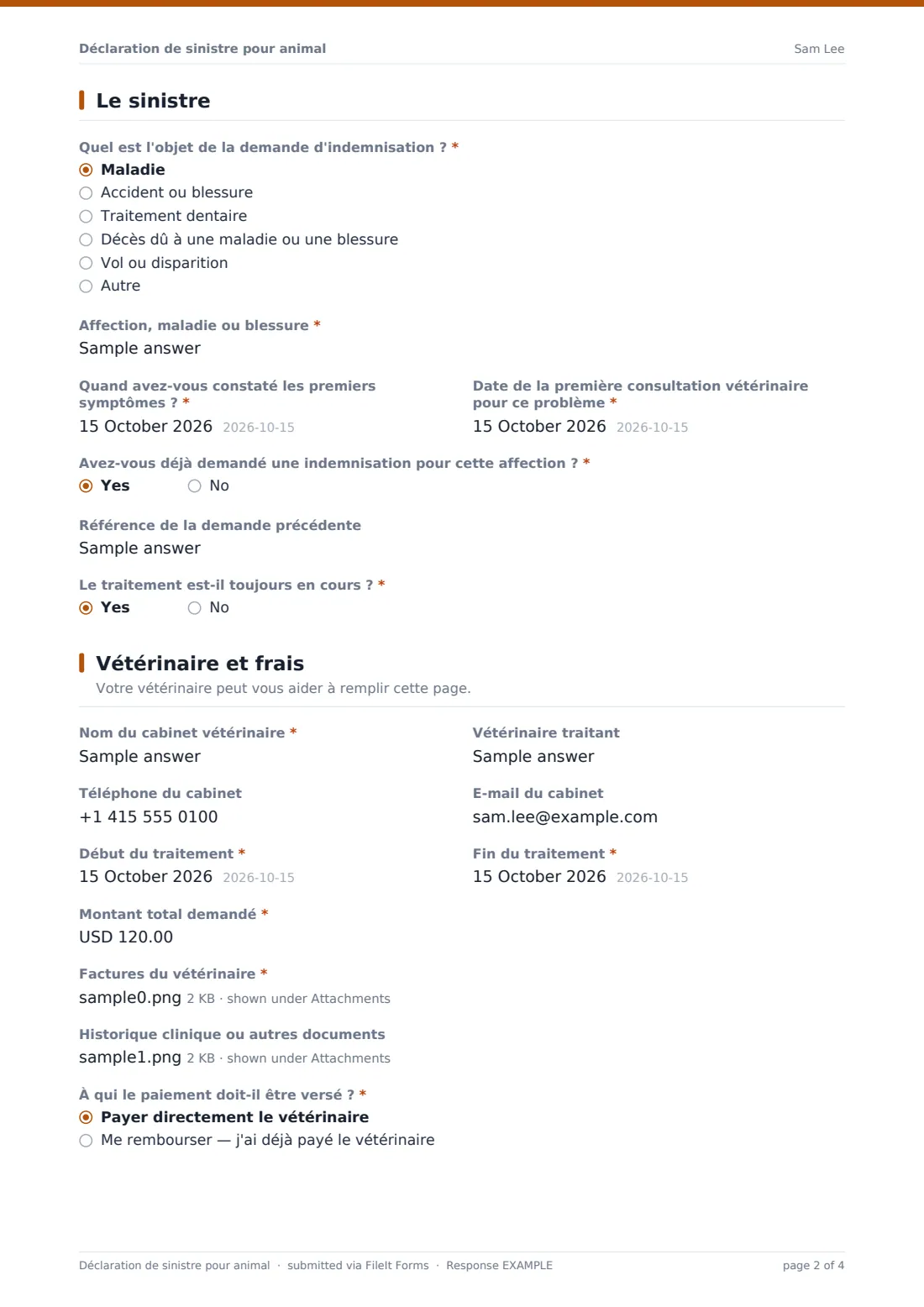 Déclaration de sinistre pour animal — exemple de réponse au format PDF, page 2 sur 4