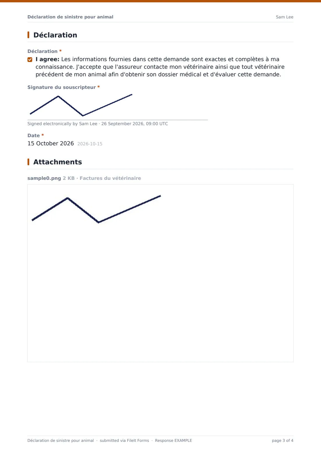 Déclaration de sinistre pour animal — exemple de réponse au format PDF, page 3 sur 4