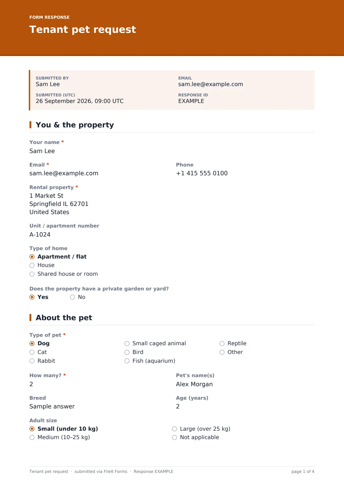 Tenant pet request — example response PDF, page 1 of 4