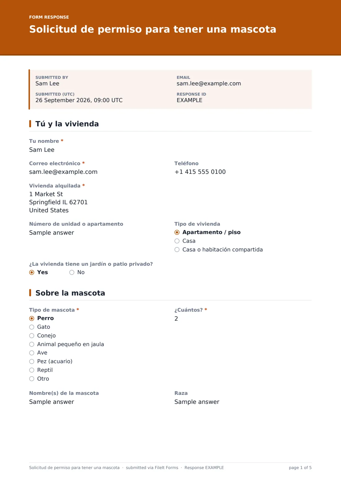 Solicitud de permiso para tener una mascota — PDF de respuesta de ejemplo, página 1 de 5