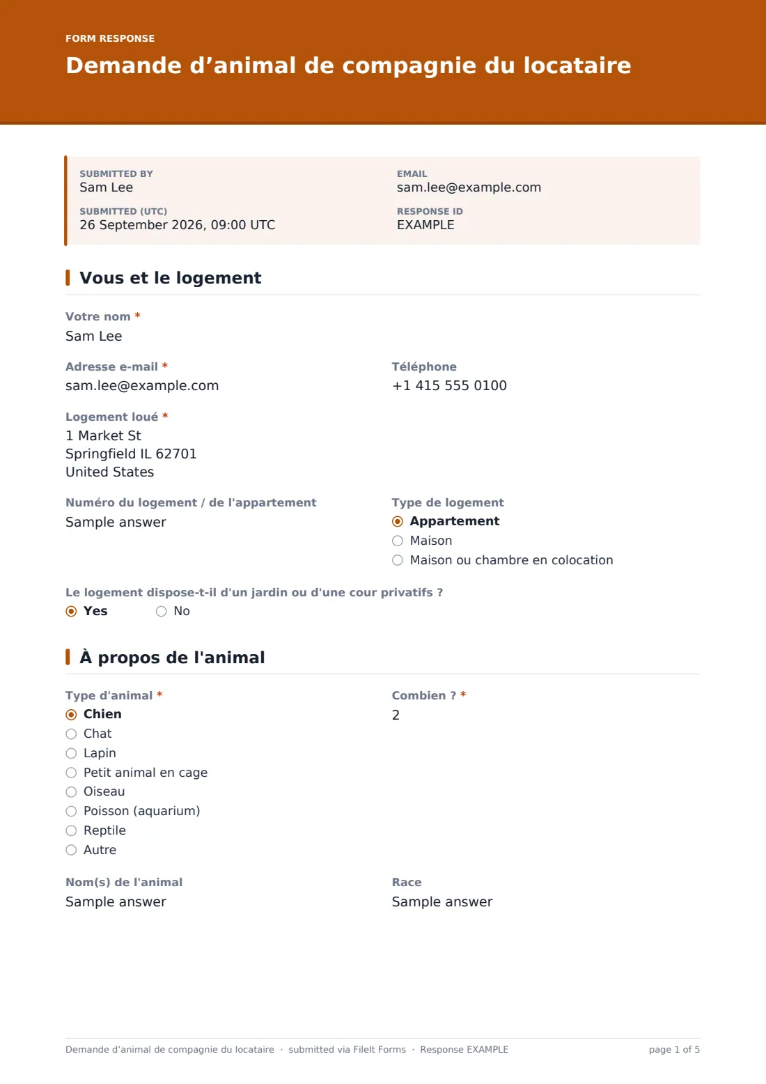 Demande d’animal de compagnie du locataire — exemple de réponse au format PDF, page 1 sur 5