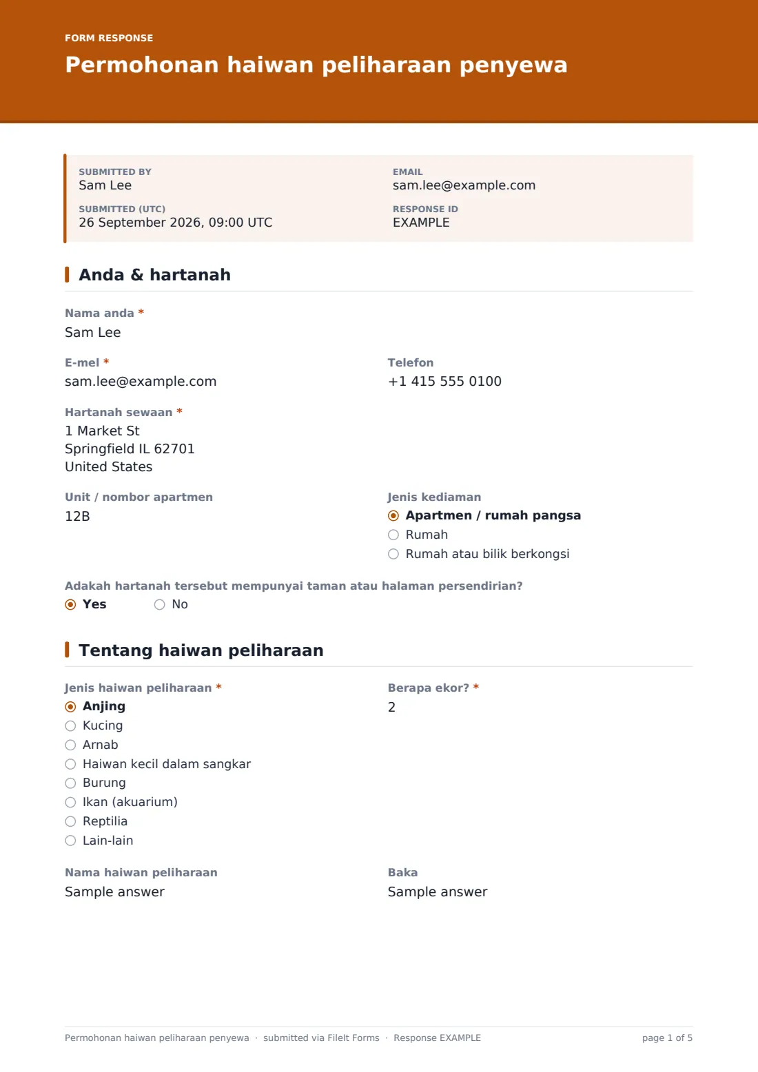 Permohonan haiwan peliharaan penyewa — PDF respons contoh, halaman 1 daripada 5