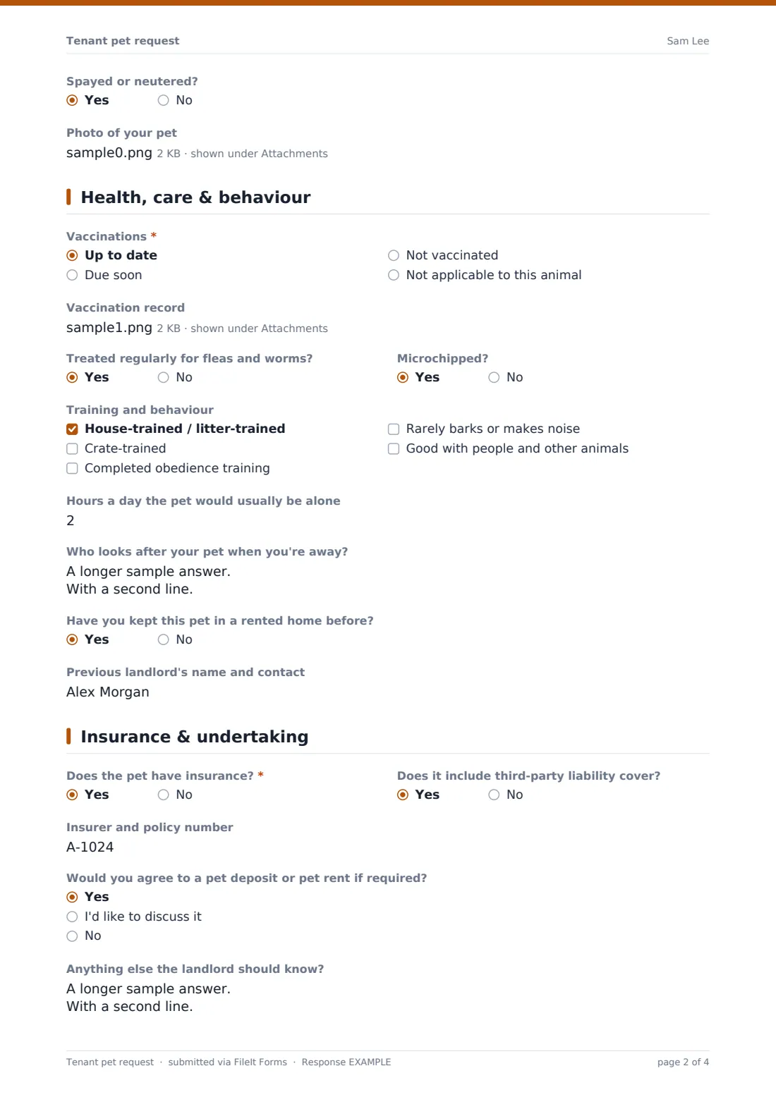 Tenant pet request — example response PDF, page 2 of 4