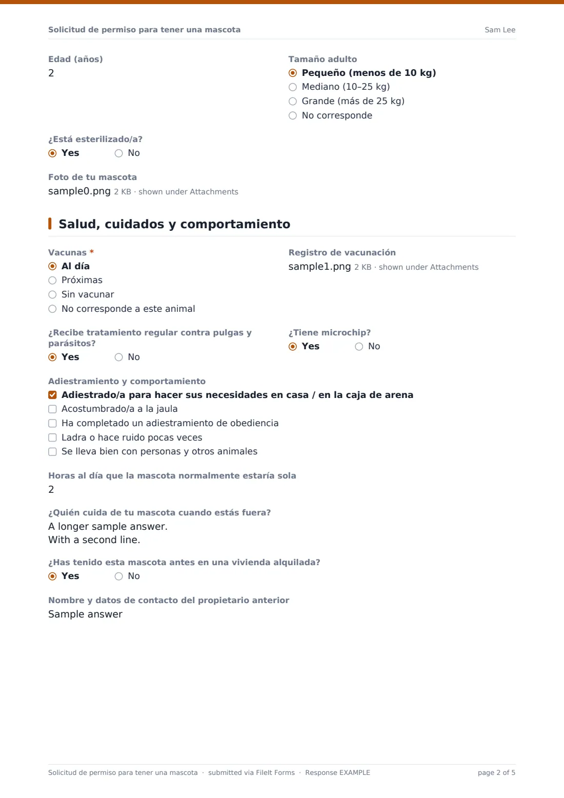 Solicitud de permiso para tener una mascota — PDF de respuesta de ejemplo, página 2 de 5