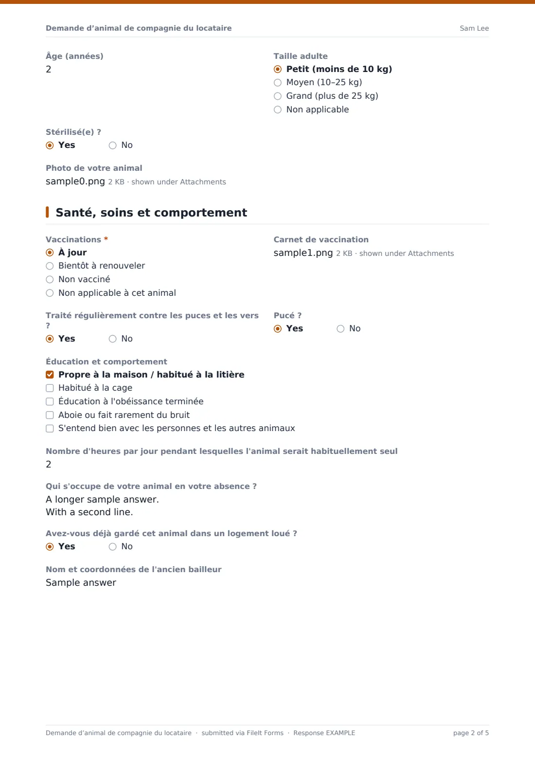 Demande d’animal de compagnie du locataire — exemple de réponse au format PDF, page 2 sur 5
