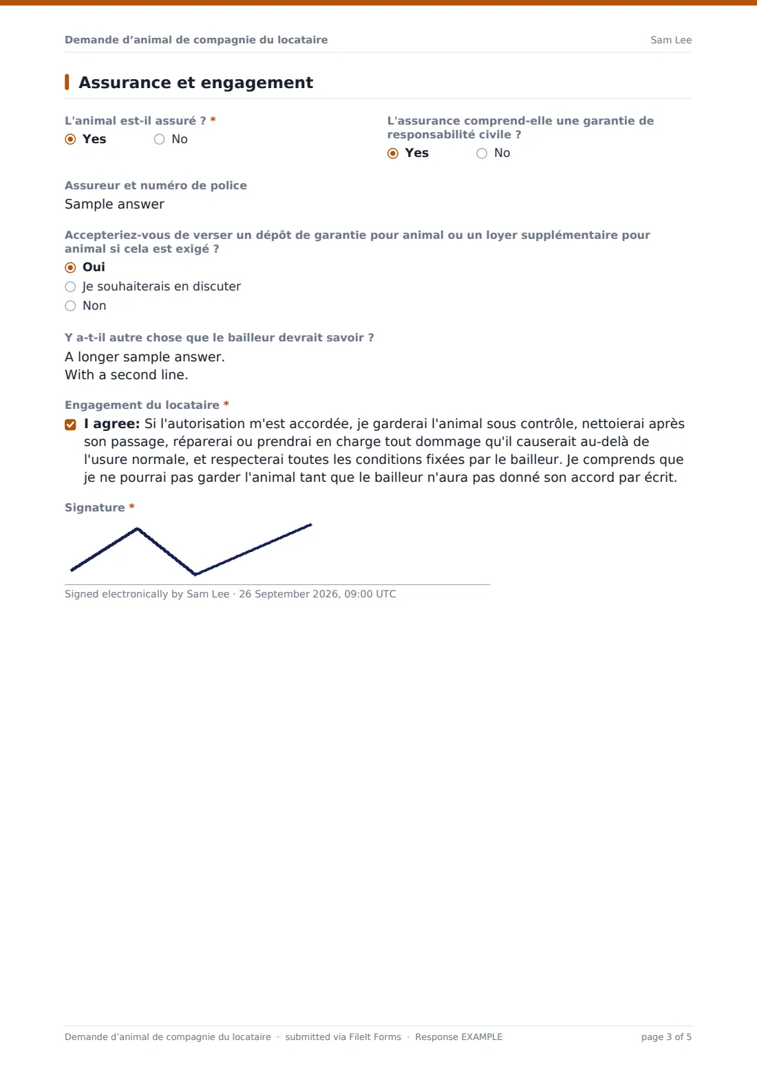 Demande d’animal de compagnie du locataire — exemple de réponse au format PDF, page 3 sur 5