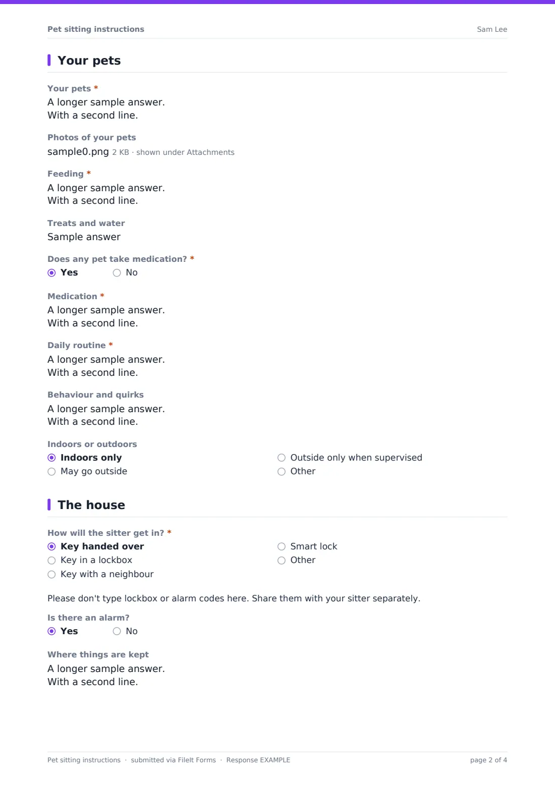 Pet sitting instructions — example response PDF, page 2 of 4