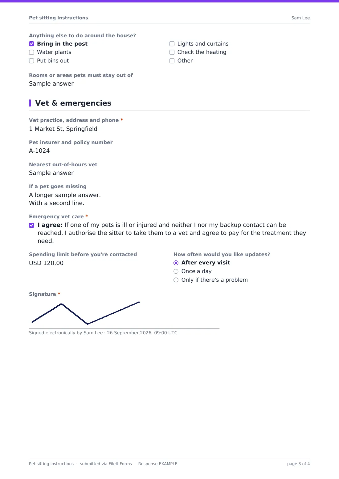Pet sitting instructions — example response PDF, page 3 of 4