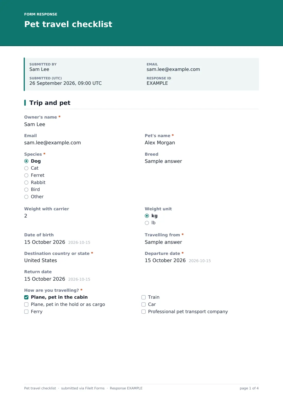 Pet travel checklist — example response PDF, page 1 of 4