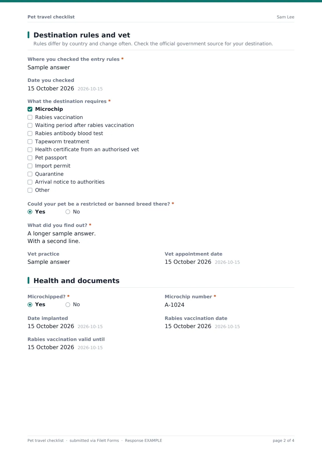 Pet travel checklist — example response PDF, page 2 of 4