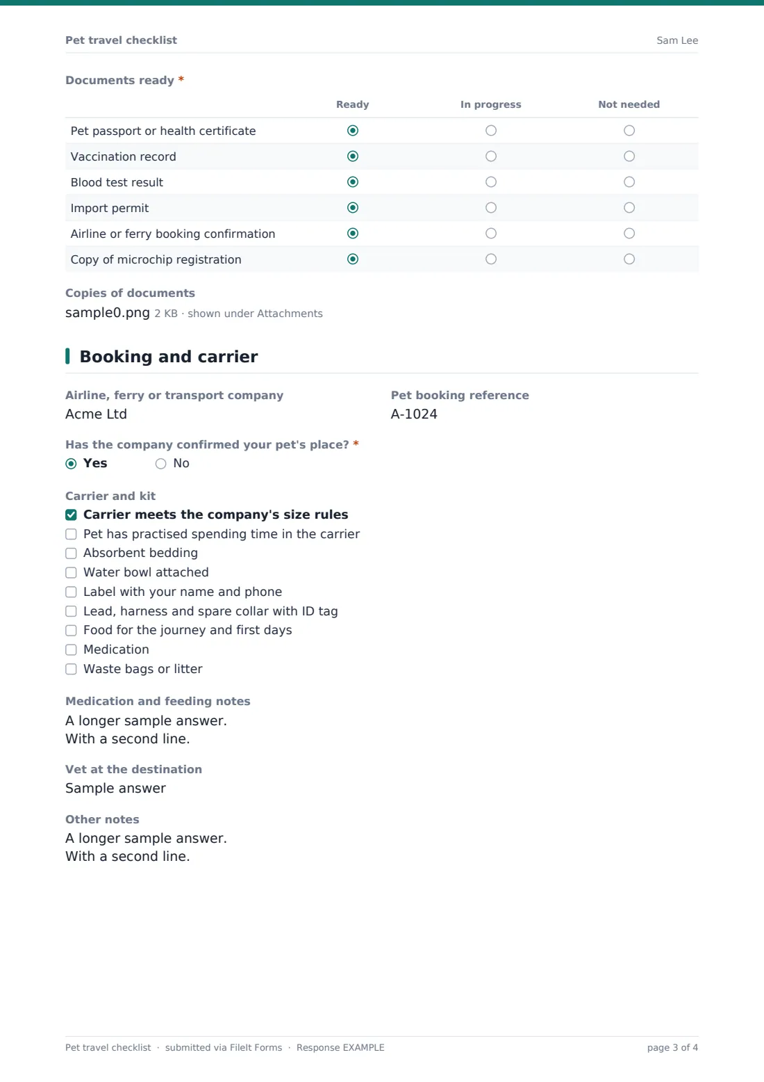Pet travel checklist — example response PDF, page 3 of 4