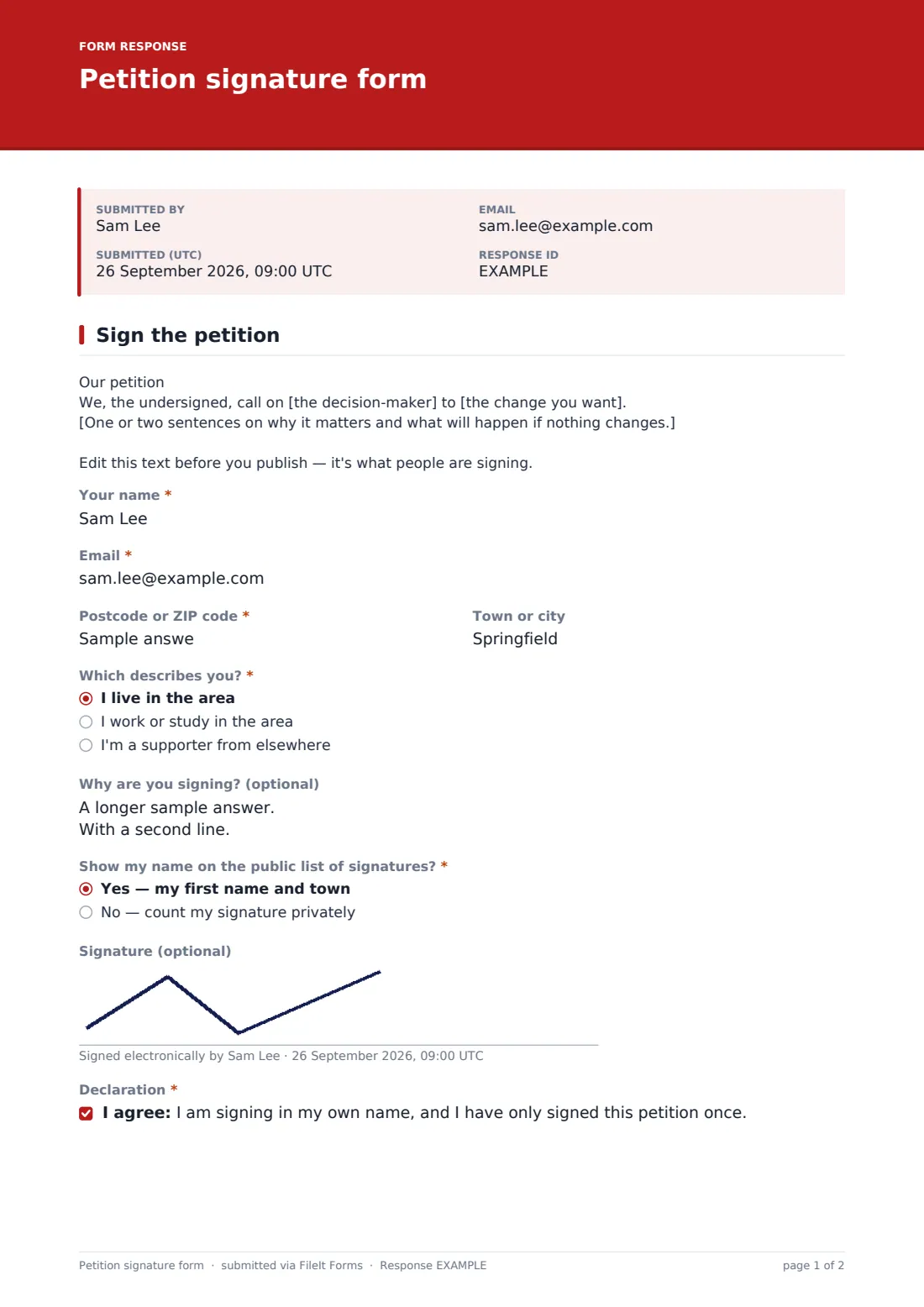 Petition signature form — example response PDF, page 1 of 2