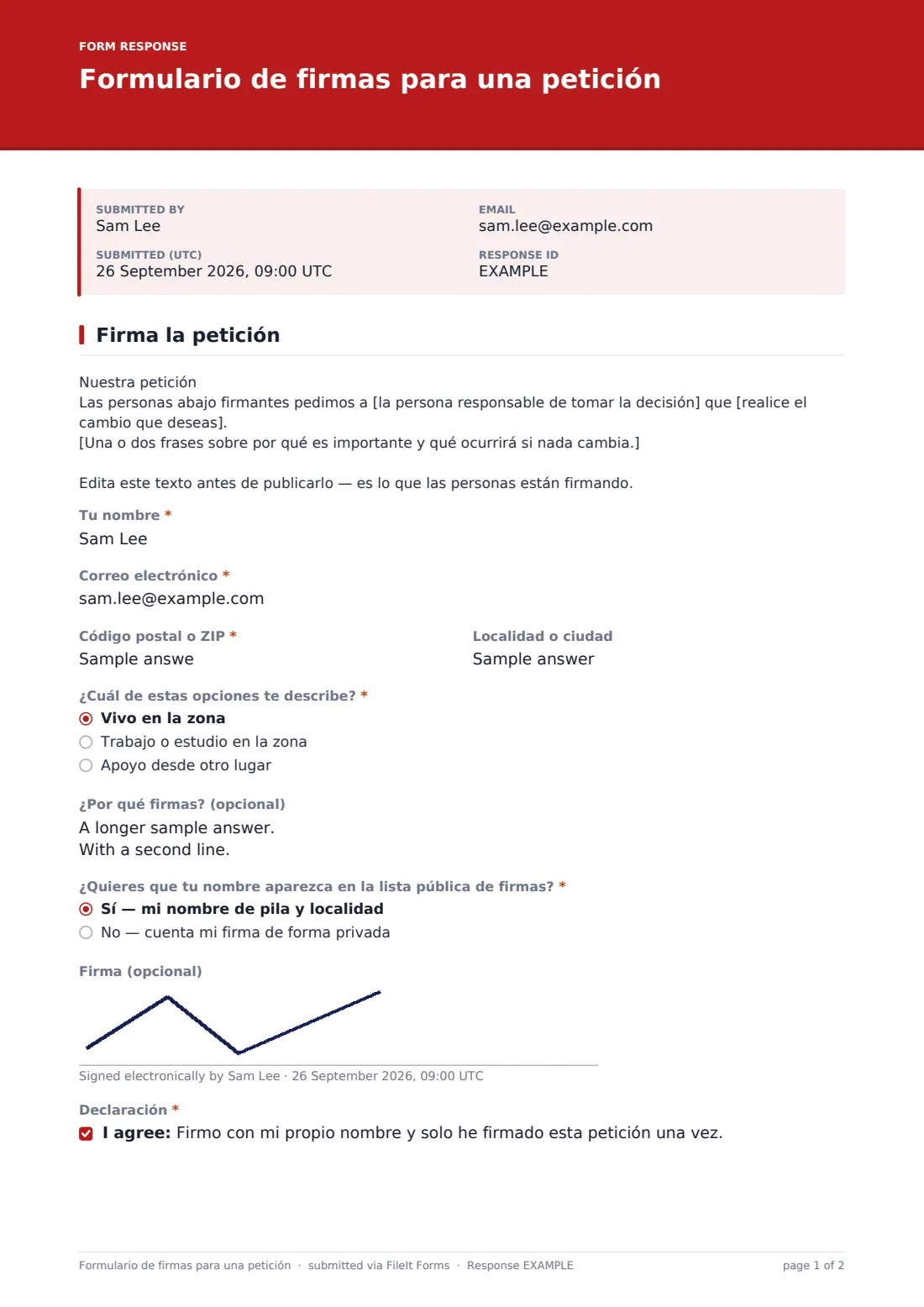 Formulario de firmas para una petición — PDF de respuesta de ejemplo, página 1 de 2