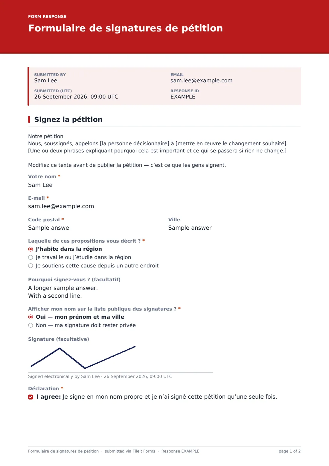 Formulaire de signatures de pétition — exemple de réponse au format PDF, page 1 sur 2