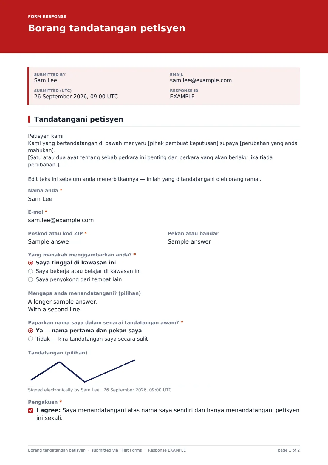 Borang tandatangan petisyen — PDF respons contoh, halaman 1 daripada 2