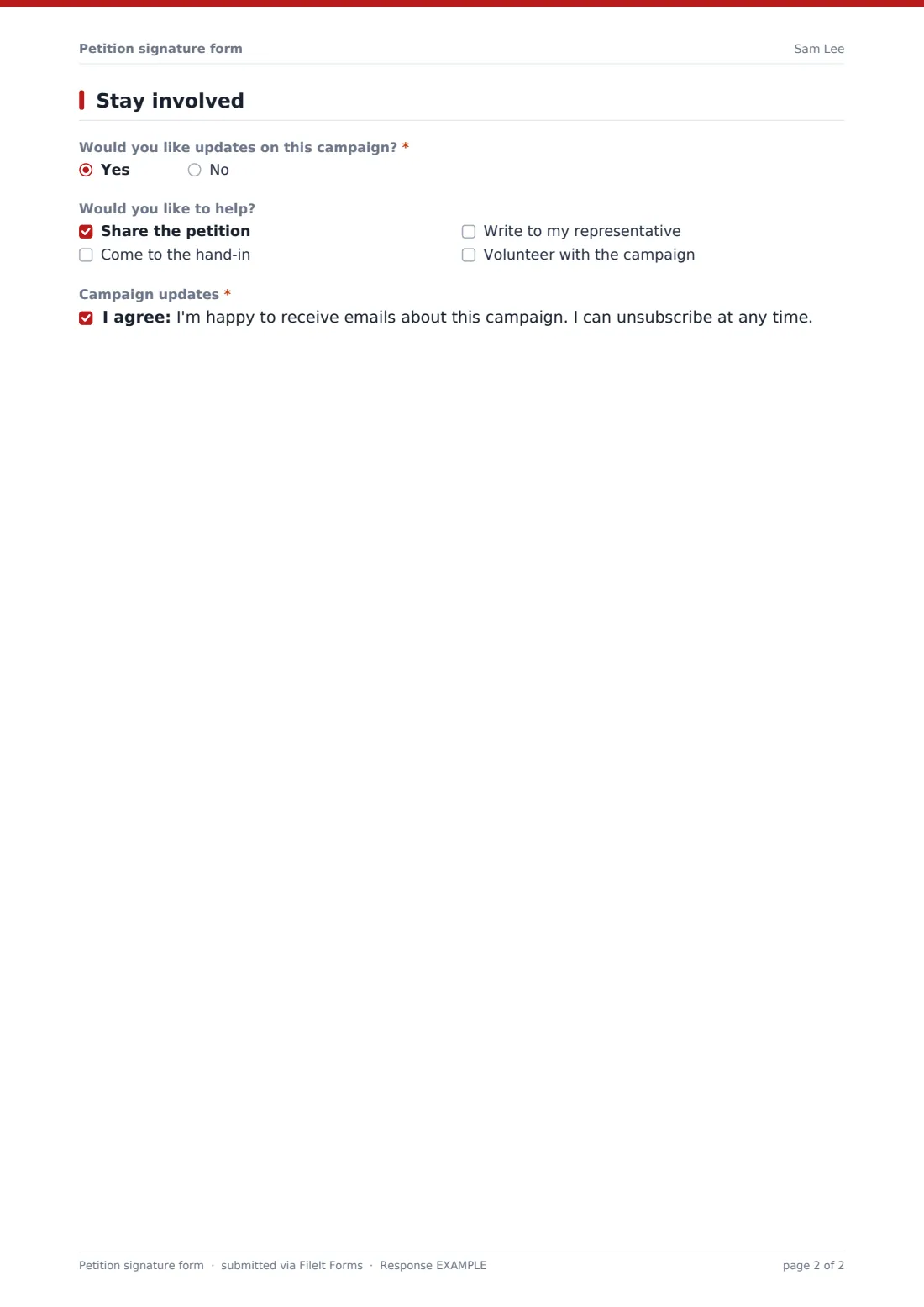 Petition signature form — example response PDF, page 2 of 2