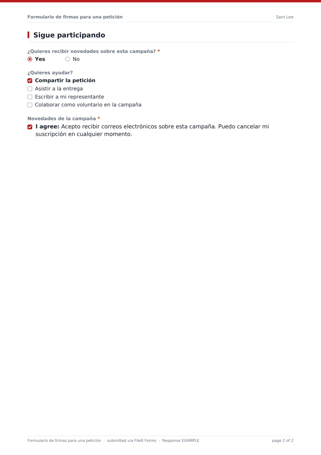 Formulario de firmas para una petición — PDF de respuesta de ejemplo, página 2 de 2