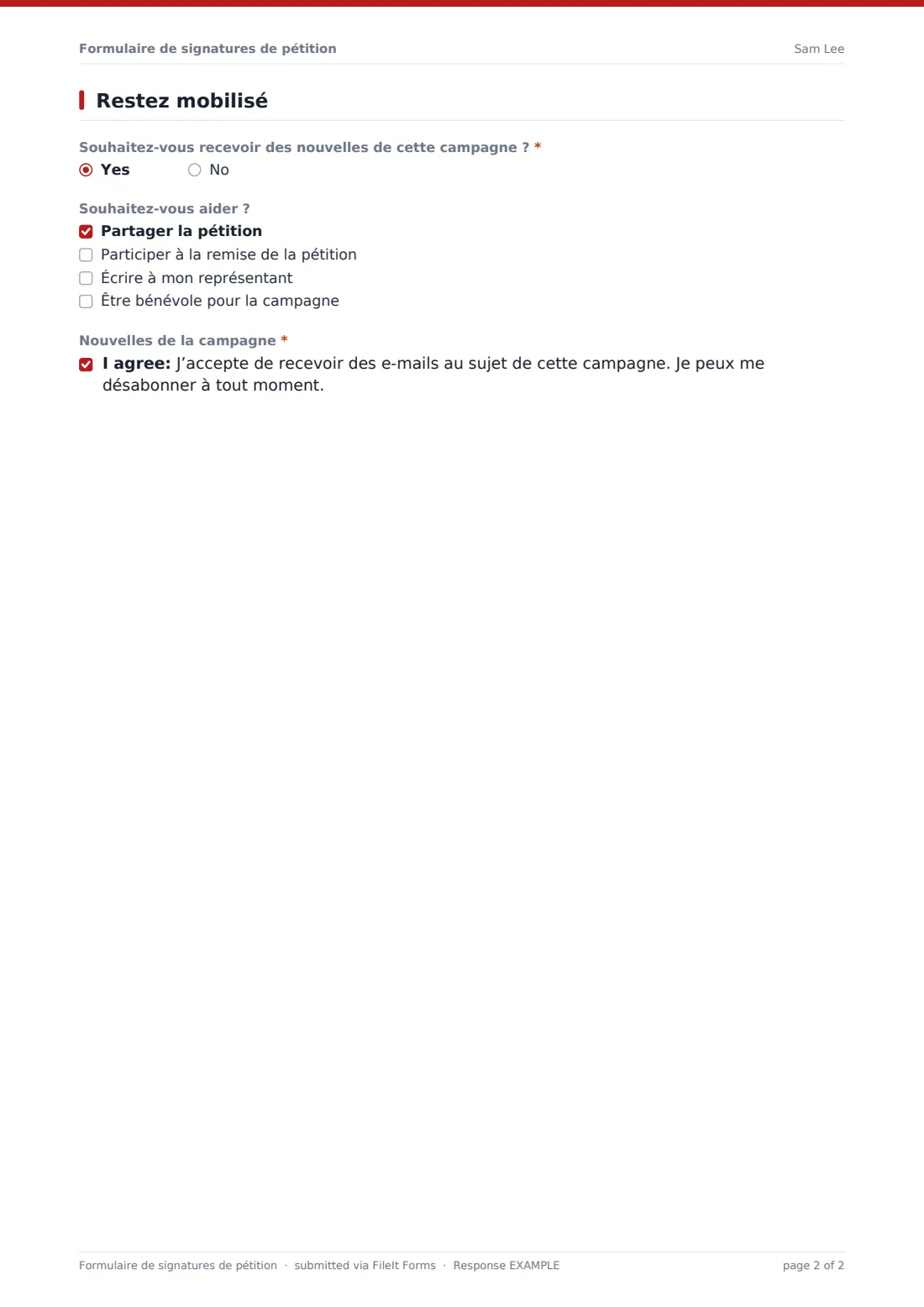 Formulaire de signatures de pétition — exemple de réponse au format PDF, page 2 sur 2