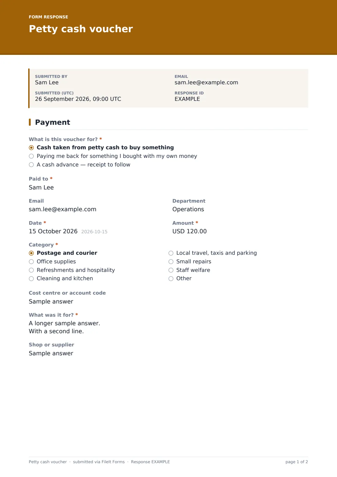 Petty cash voucher — example response PDF, page 1 of 2