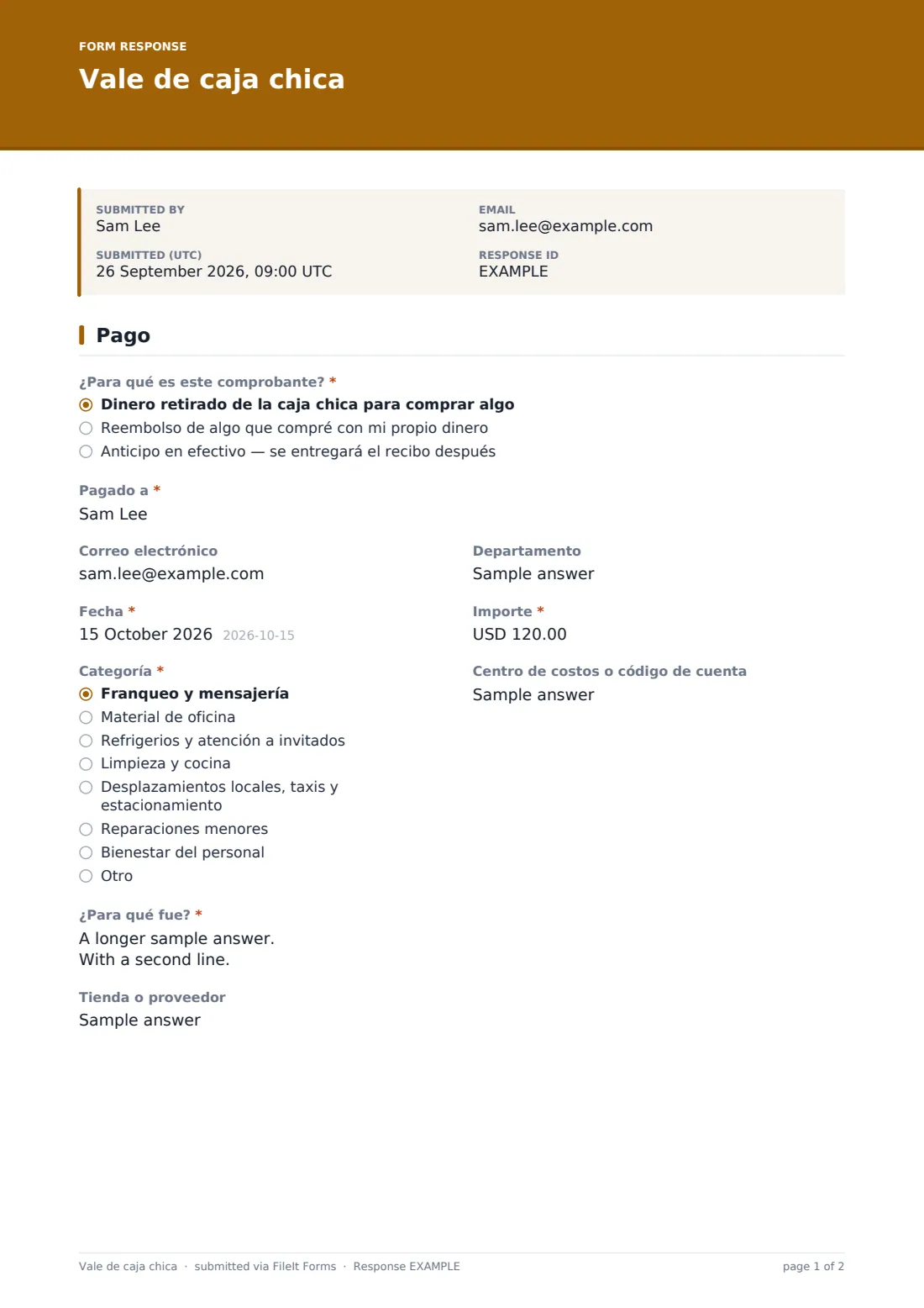 Vale de caja chica — PDF de respuesta de ejemplo, página 1 de 2
