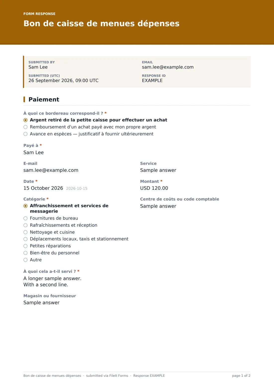 Bon de caisse de menues dépenses — exemple de réponse au format PDF, page 1 sur 2