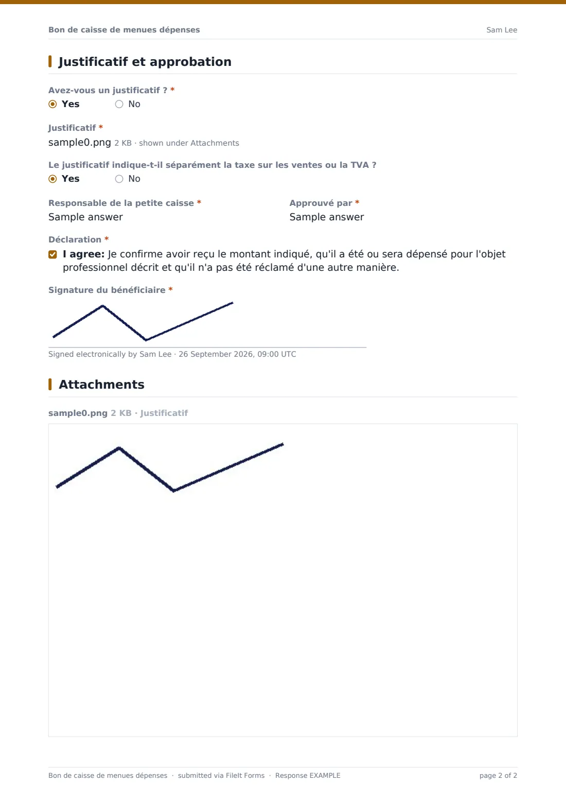 Bon de caisse de menues dépenses — exemple de réponse au format PDF, page 2 sur 2