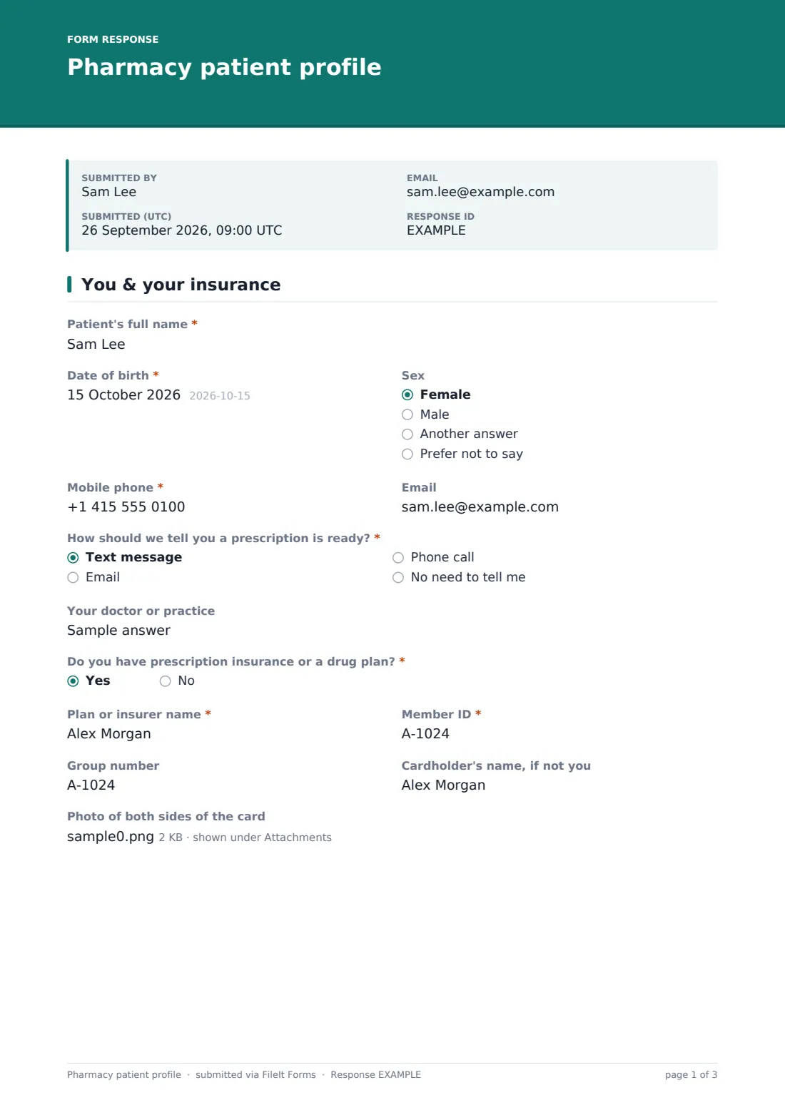 Pharmacy patient profile — example response PDF, page 1 of 3