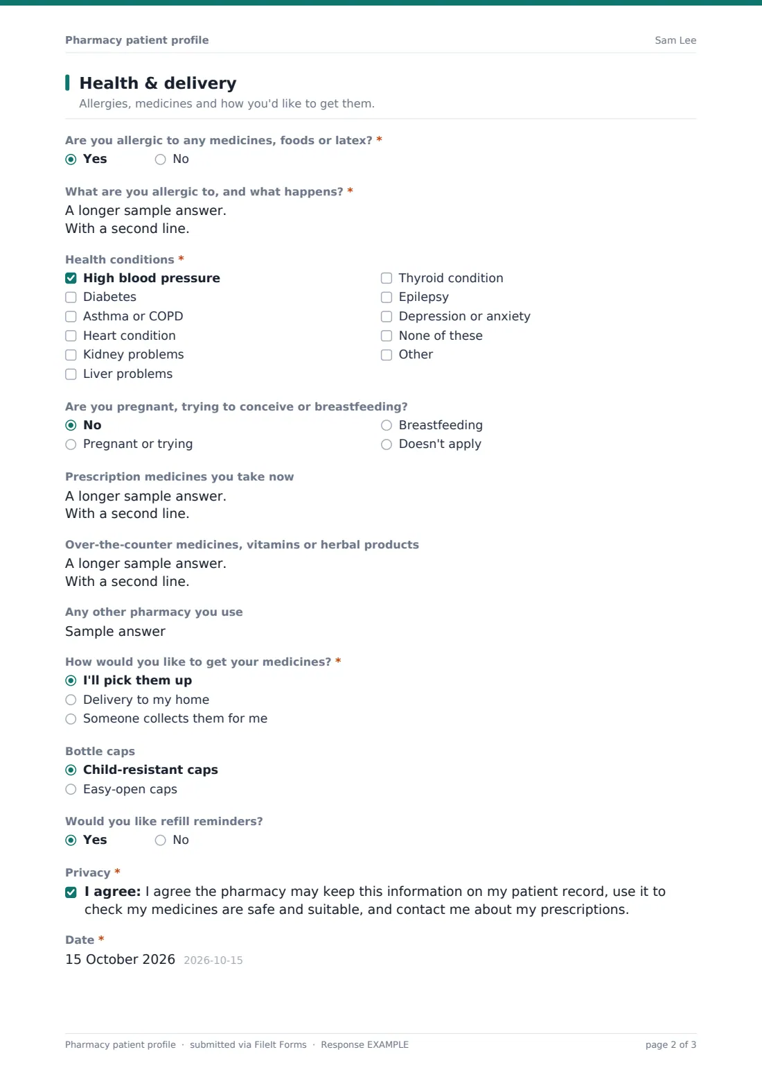 Pharmacy patient profile — example response PDF, page 2 of 3