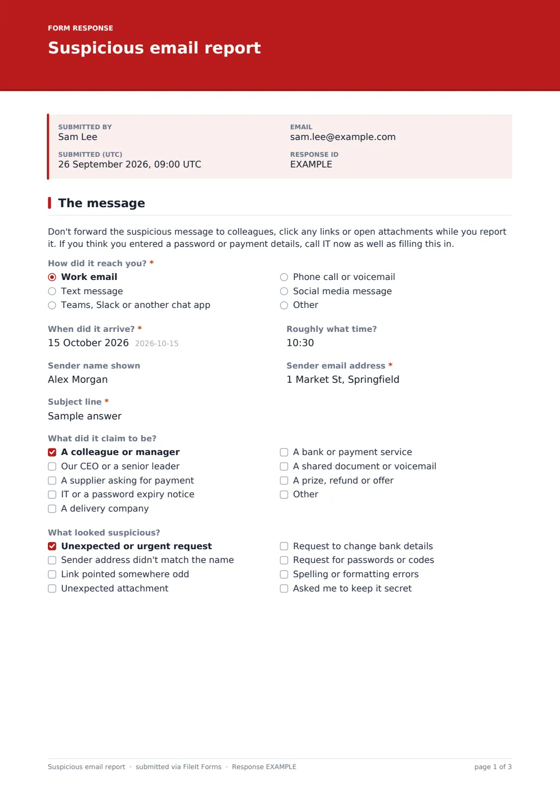 Suspicious email report — example response PDF, page 1 of 3