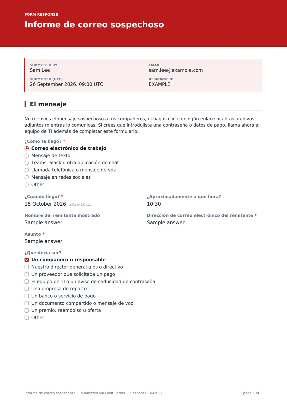 Informe de correo sospechoso — PDF de respuesta de ejemplo, página 1 de 3