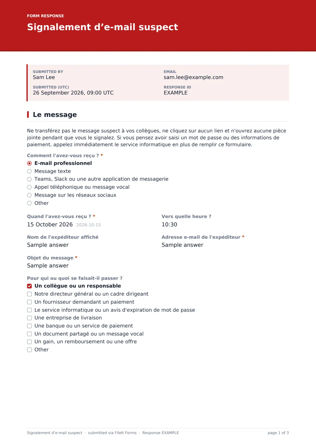 Signalement d’e-mail suspect — exemple de réponse au format PDF, page 1 sur 3