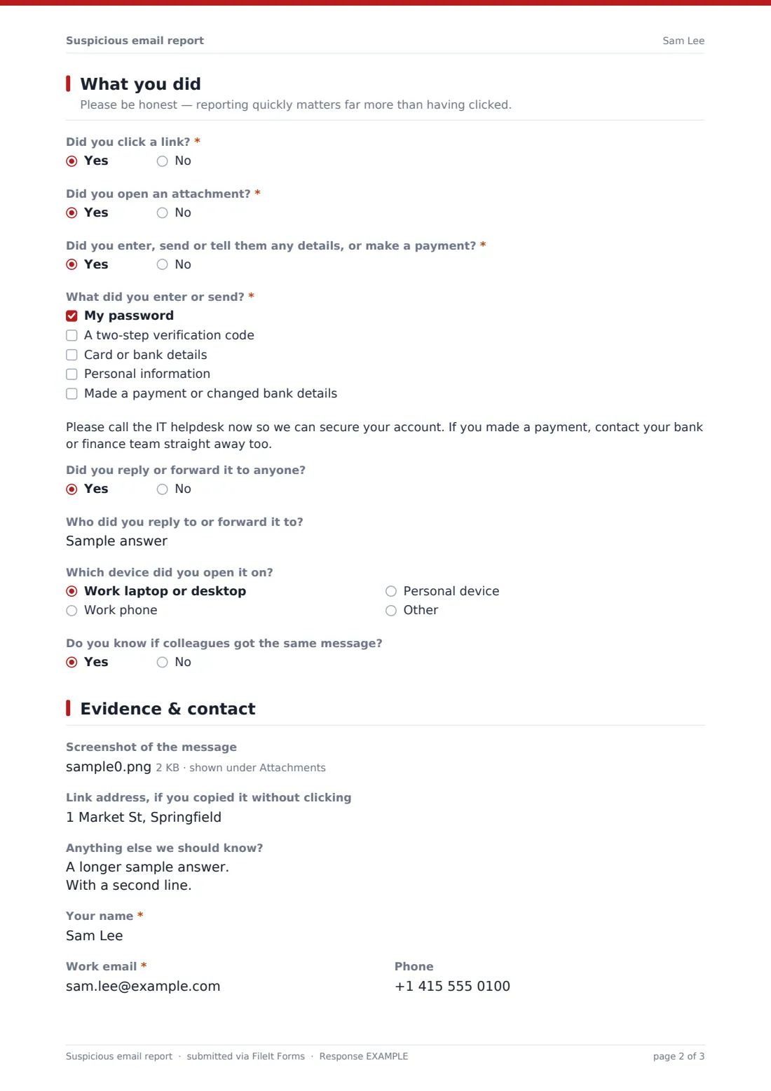 Suspicious email report — example response PDF, page 2 of 3