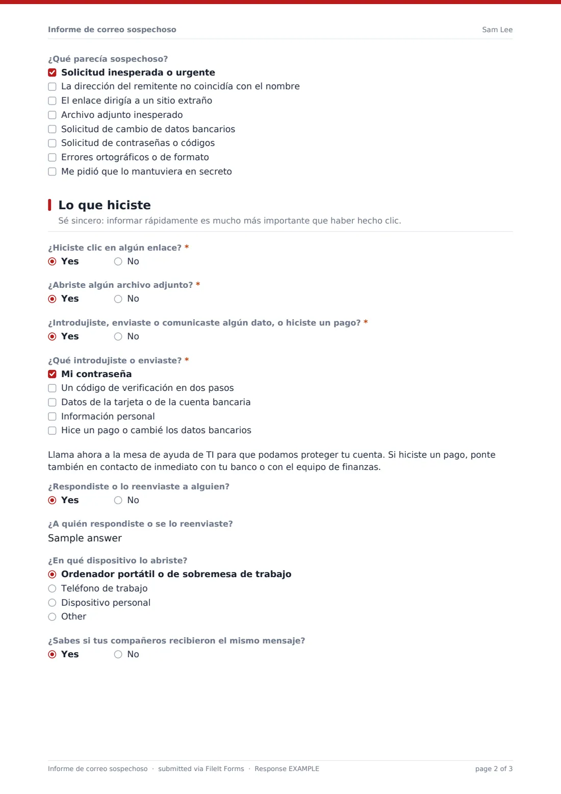 Informe de correo sospechoso — PDF de respuesta de ejemplo, página 2 de 3