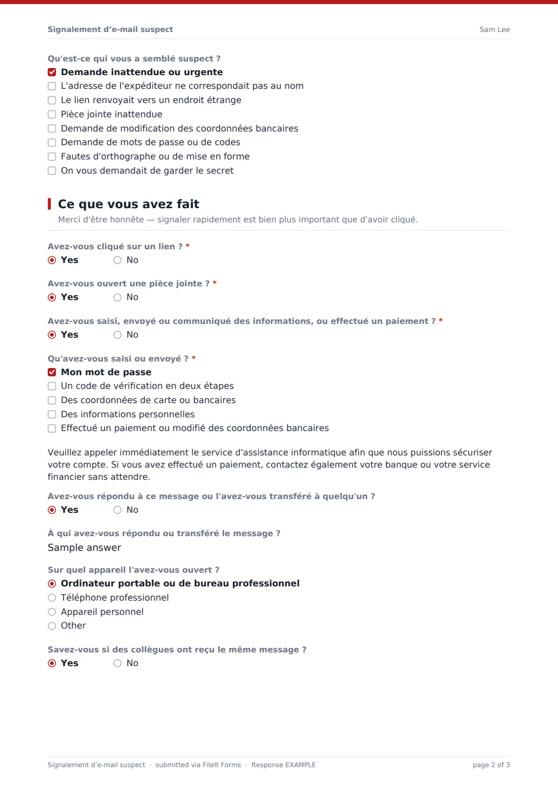 Signalement d’e-mail suspect — exemple de réponse au format PDF, page 2 sur 3