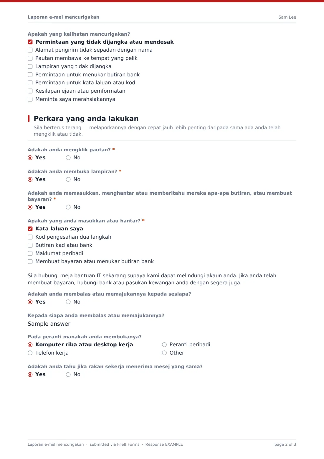 Laporan e-mel mencurigakan — PDF respons contoh, halaman 2 daripada 3