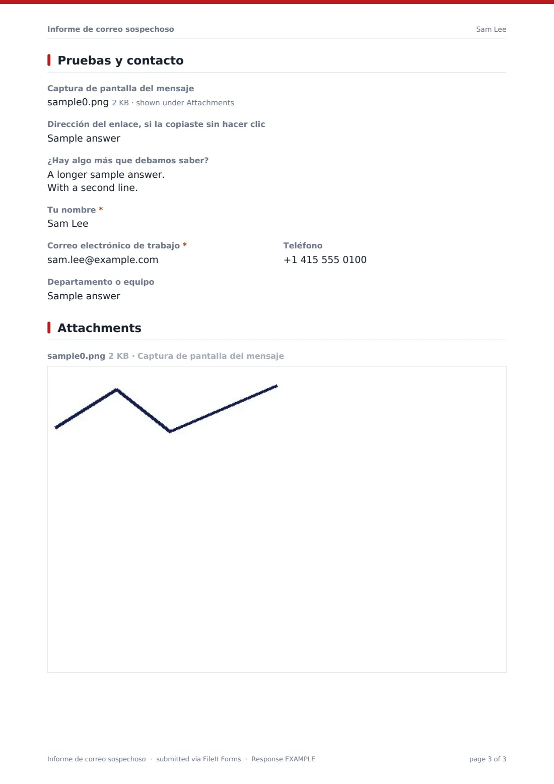 Informe de correo sospechoso — PDF de respuesta de ejemplo, página 3 de 3
