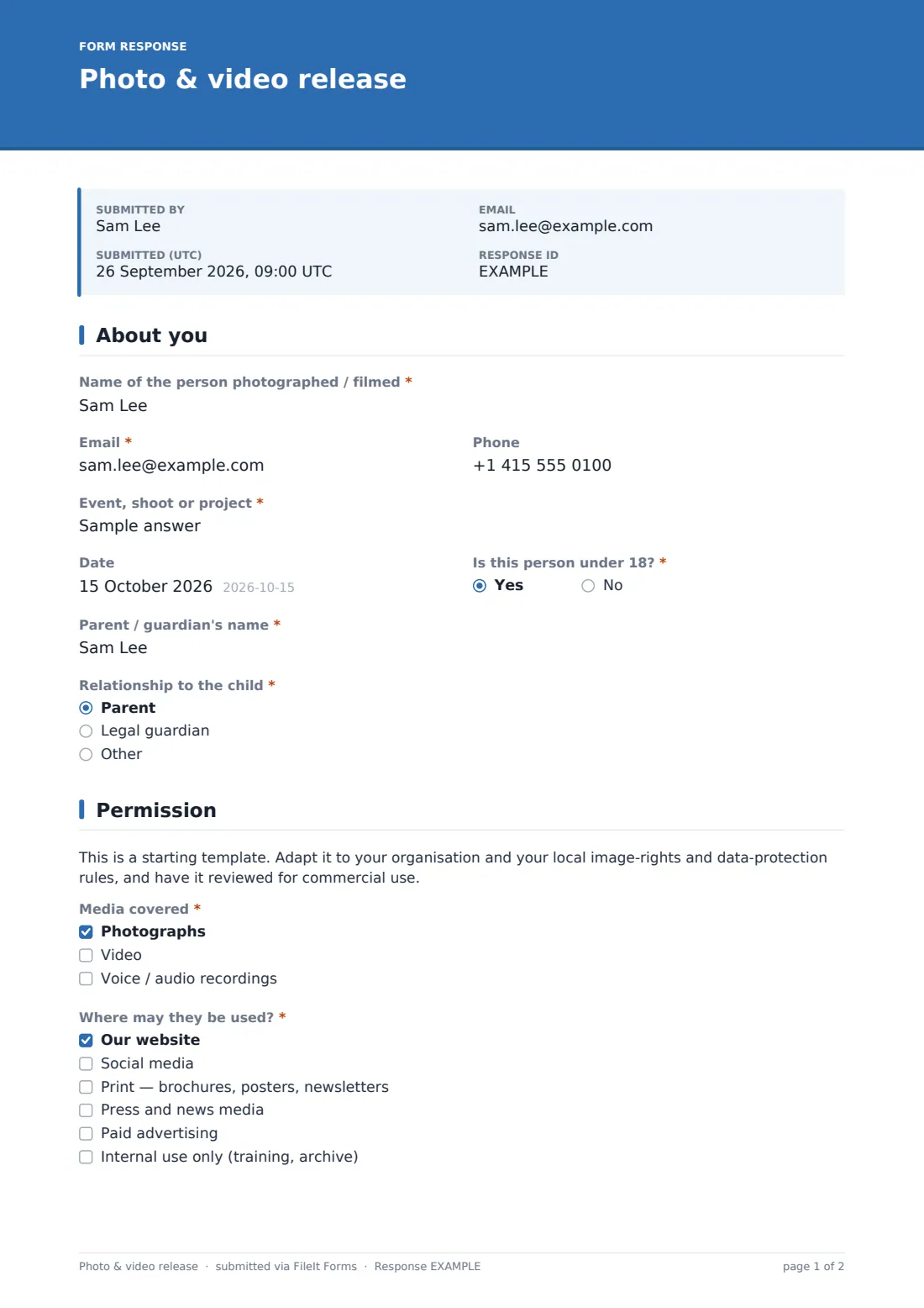 Photo & video release — example response PDF, page 1 of 2