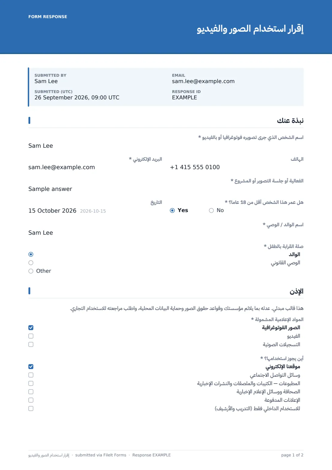 إقرار استخدام الصور والفيديو — ملف PDF لرد نموذجي، الصفحة 1 من 2