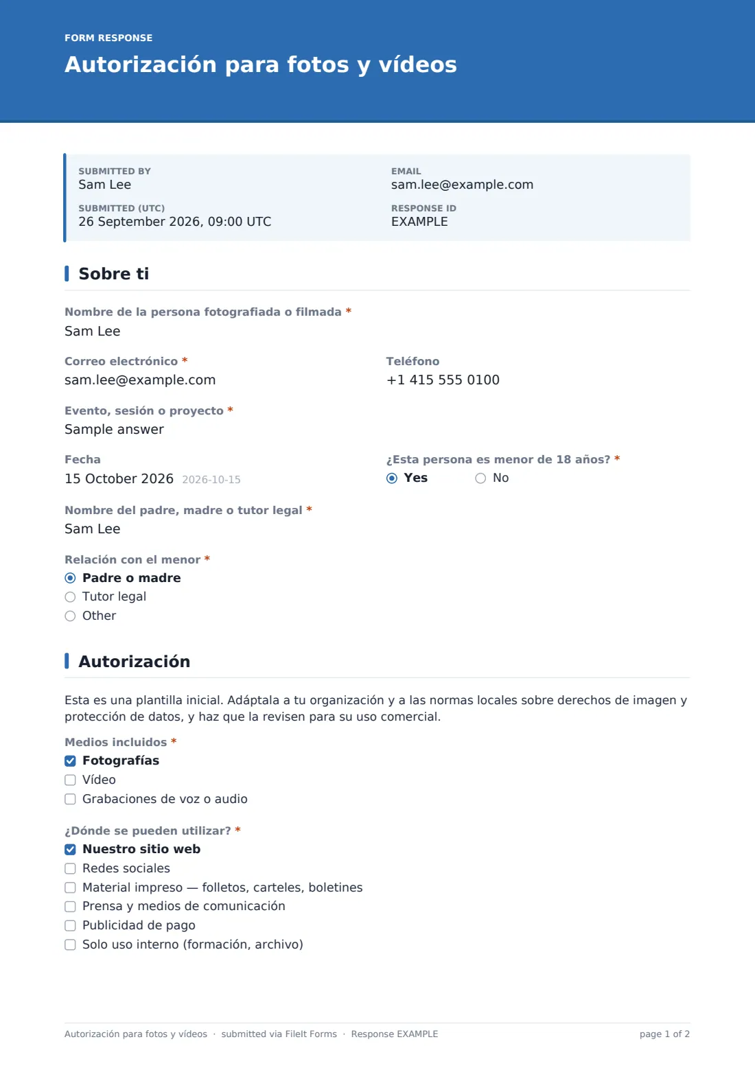 Autorización para fotos y vídeos — PDF de respuesta de ejemplo, página 1 de 2