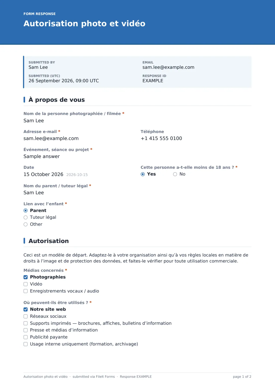 Autorisation photo et vidéo — exemple de réponse au format PDF, page 1 sur 2