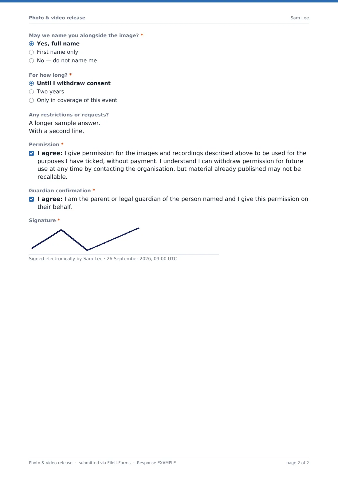 Photo & video release — example response PDF, page 2 of 2