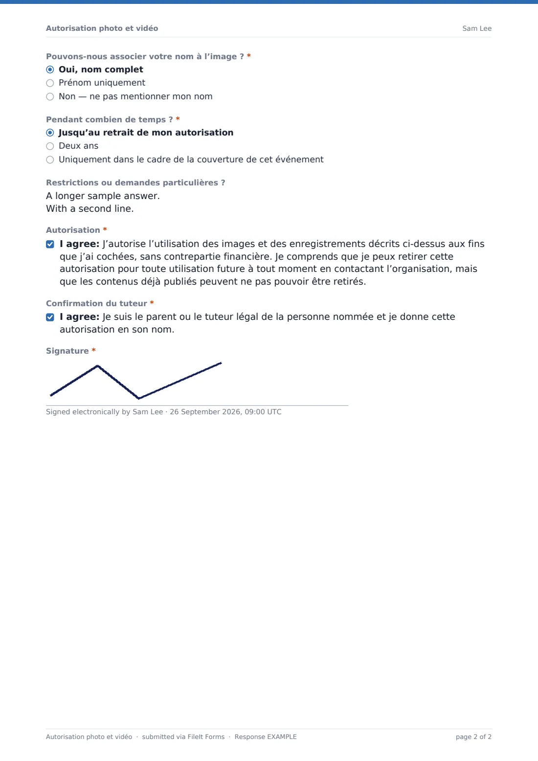 Autorisation photo et vidéo — exemple de réponse au format PDF, page 2 sur 2