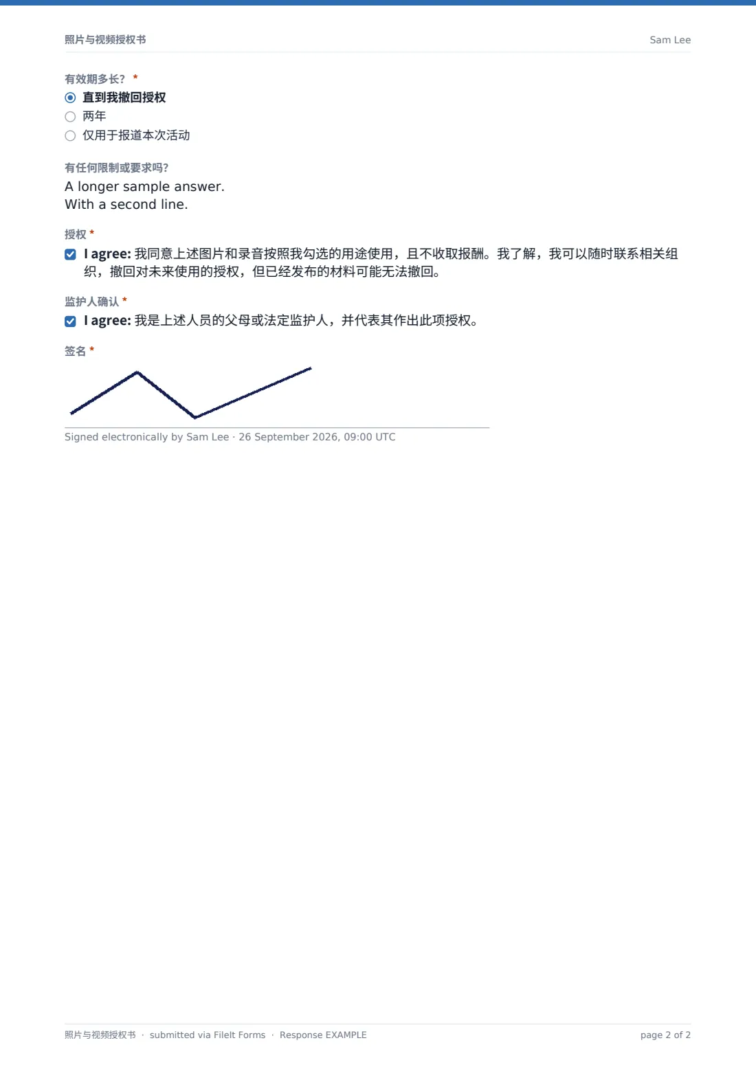 照片与视频授权书 — 示例回复 PDF，第 2 页，共 2 页