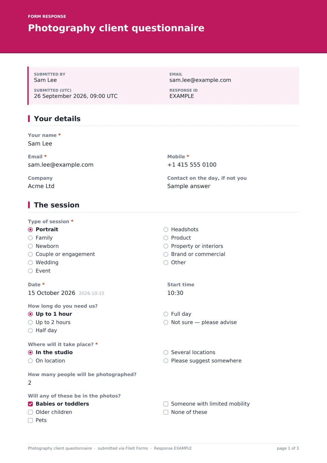 Photography client questionnaire — example response PDF, page 1 of 3