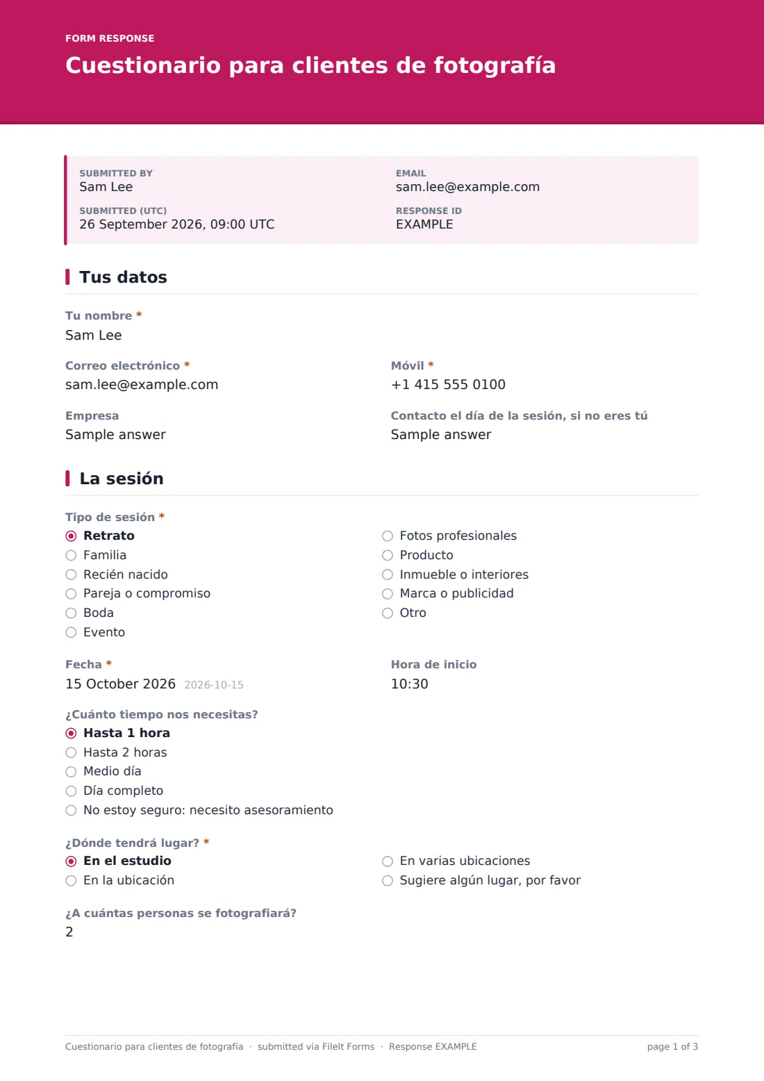 Cuestionario para clientes de fotografía — PDF de respuesta de ejemplo, página 1 de 3
