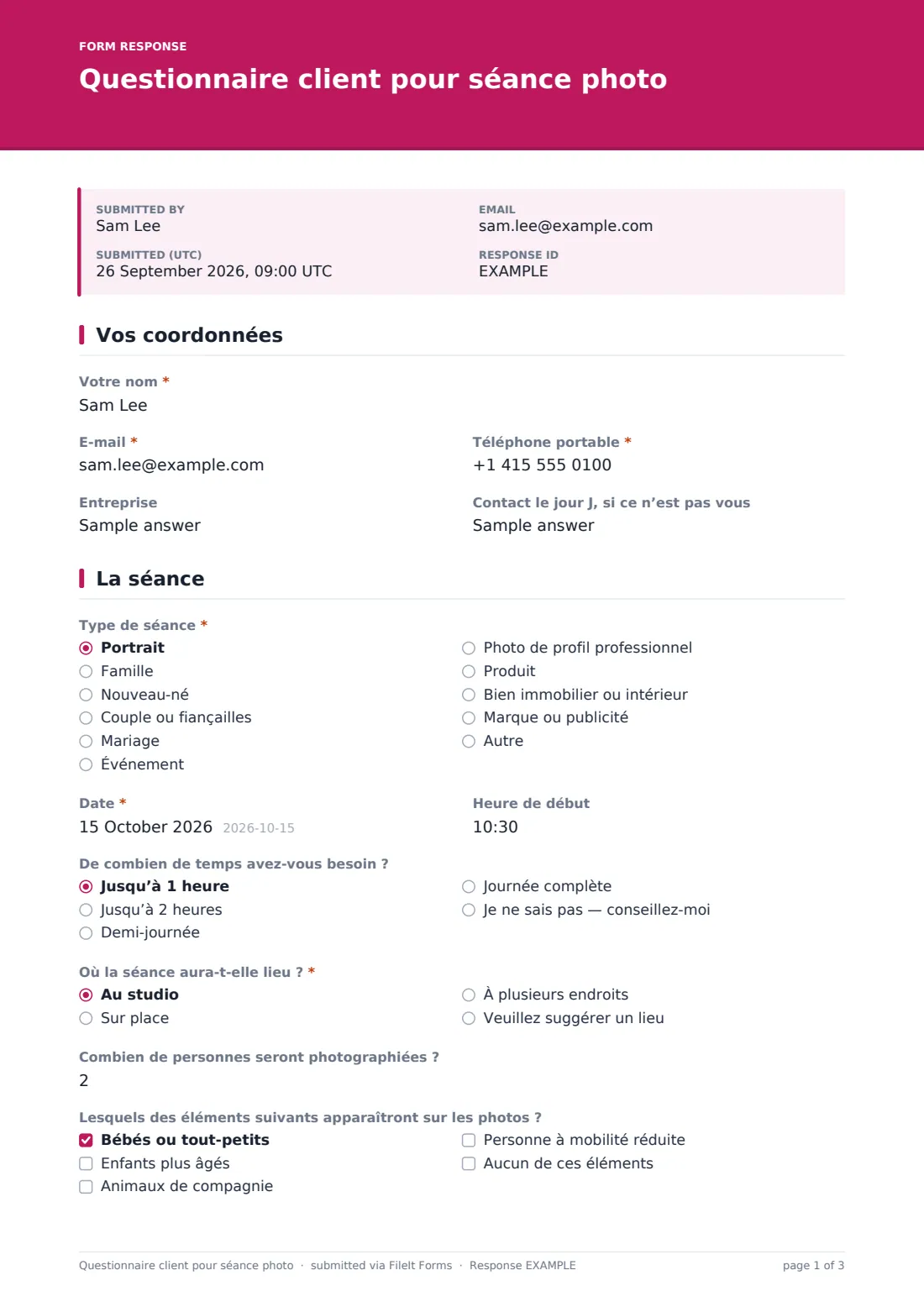 Questionnaire client pour séance photo — exemple de réponse au format PDF, page 1 sur 3