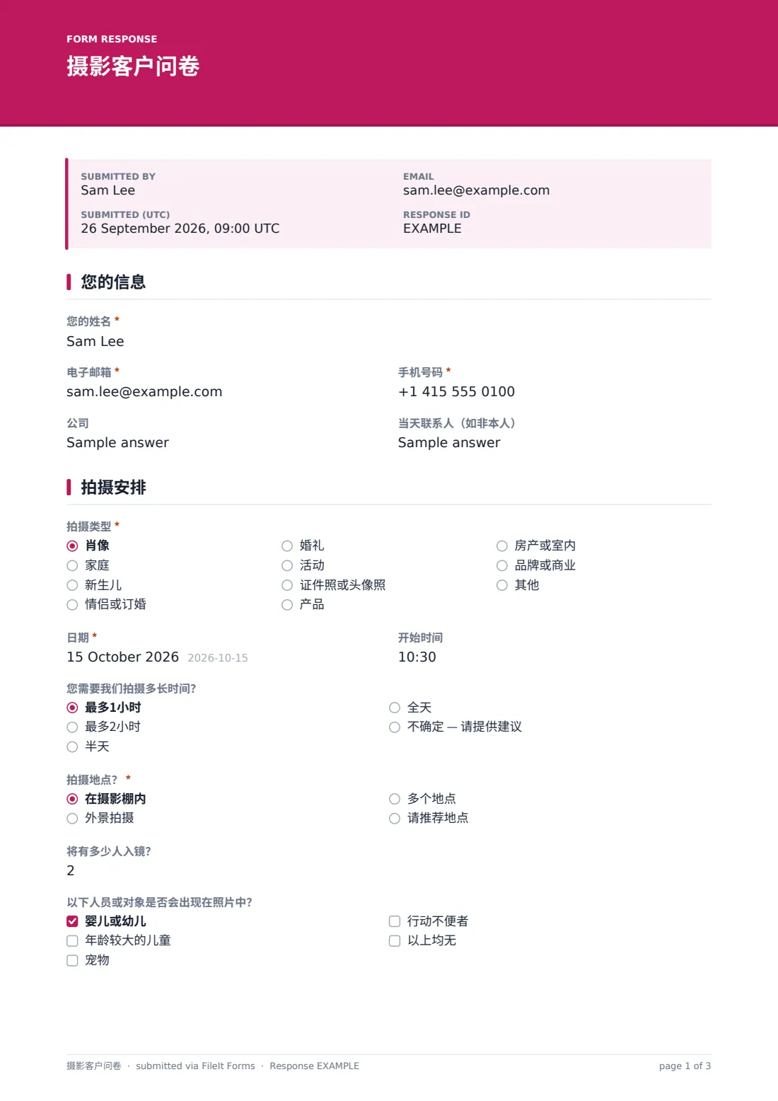 摄影客户问卷 — 示例回复 PDF，第 1 页，共 3 页