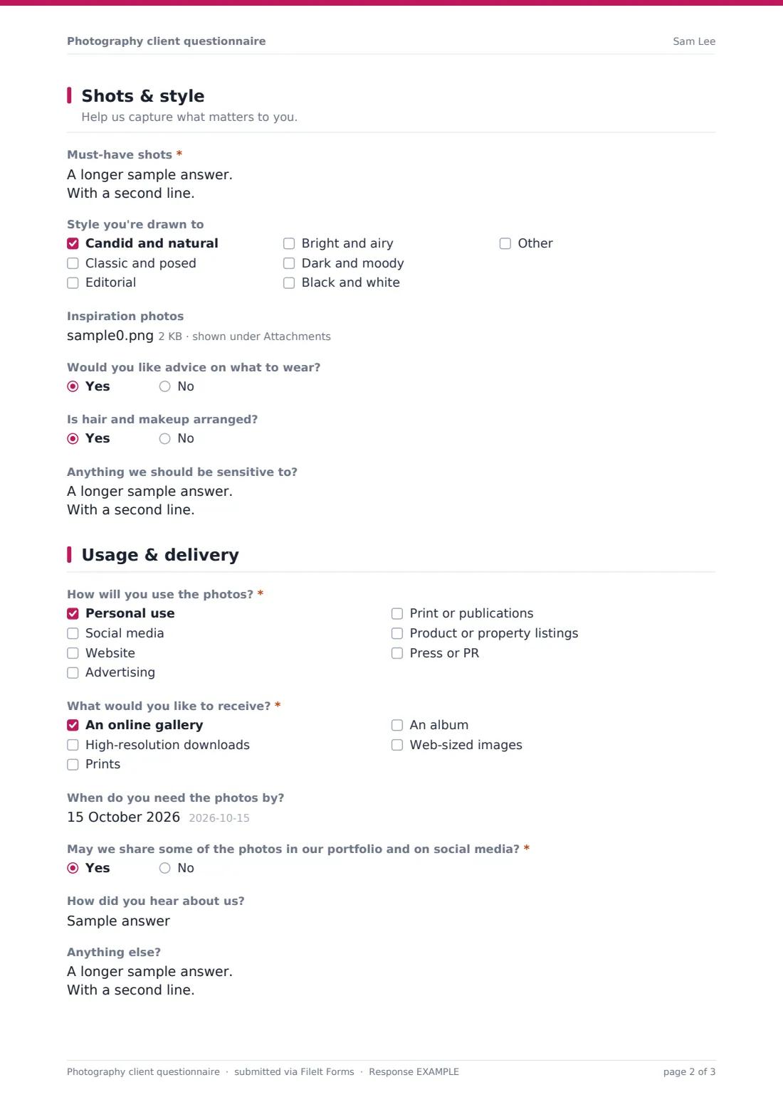 Photography client questionnaire — example response PDF, page 2 of 3