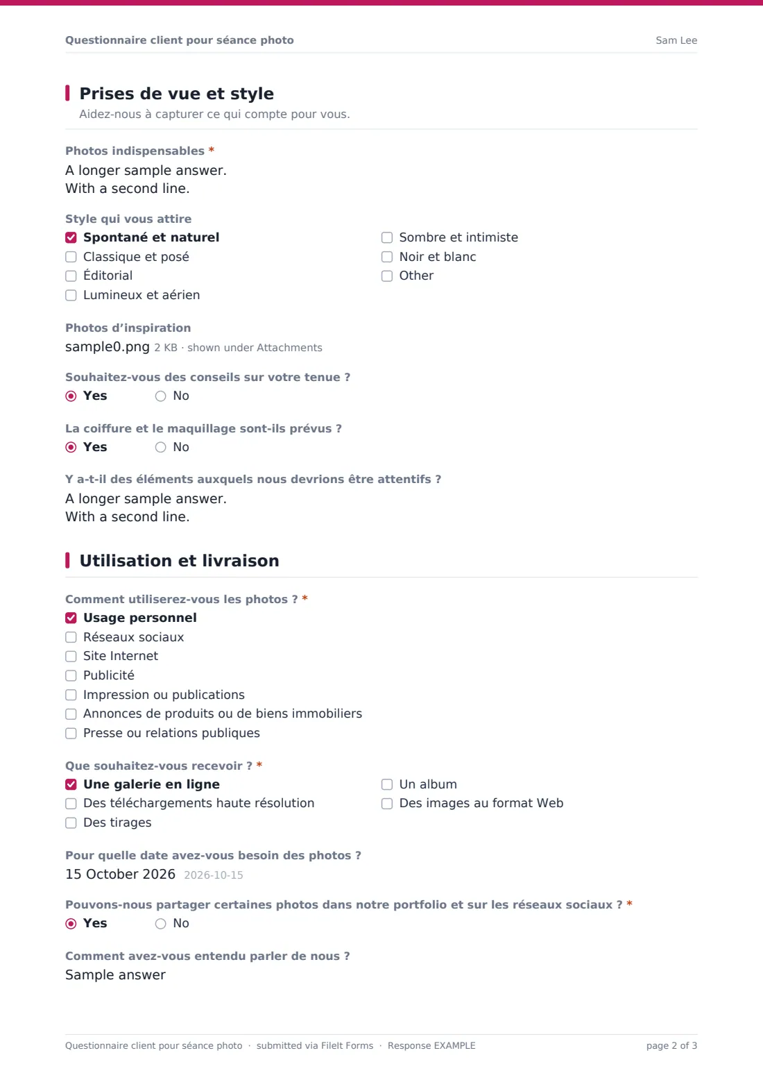 Questionnaire client pour séance photo — exemple de réponse au format PDF, page 2 sur 3