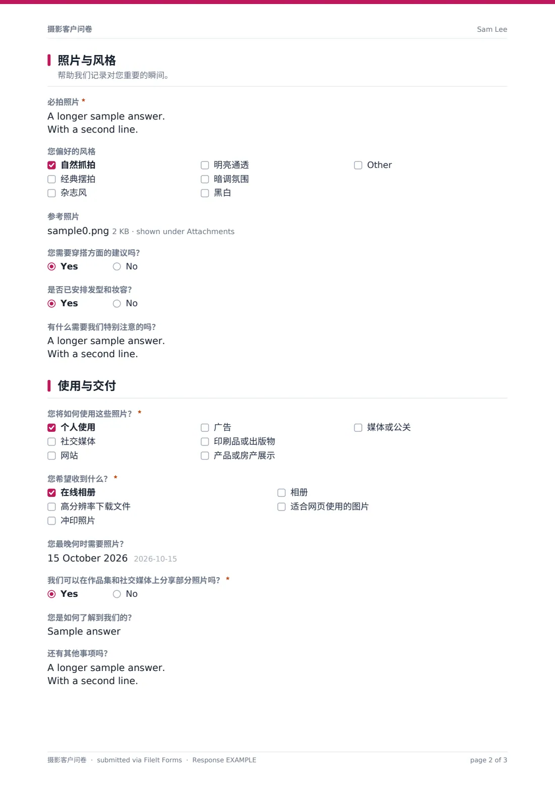 摄影客户问卷 — 示例回复 PDF，第 2 页，共 3 页